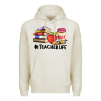 Oatmeal Heather teacher life with books  pen and coffee Premium Hoodie - Artiststas