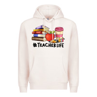 Pale Pink teacher life with books  pen and coffee Premium Hoodie - Artiststas