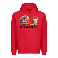 Red teacher life with books  pen and coffee Premium Hoodie - Artiststas