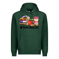 Sports Green teacher life with books  pen and coffee Premium Hoodie - Artiststas