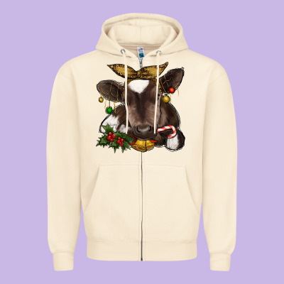 Christmas Baby Cow Zipper Hoodie Designed By Ranaportraitstore