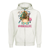 Oatmeal Heather blonde messy bun nurse life Zipper Hoodie - RanaPortraitStore