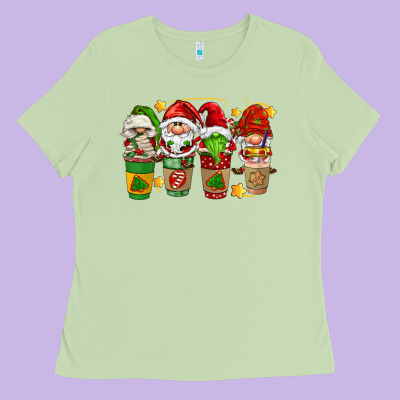 Christmas Coffee Cups Gnomies Ladies Tee Designed By Fadigitalartstudio
