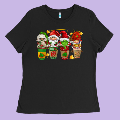 Christmas Coffee Cups Gnomies Ladies Tee Designed By Fadigitalartstudio