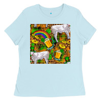 Baby Blue St. Patricks Cow With Rainbow And Beer Seamless Ladies Tee - FaDigitalArtStudio