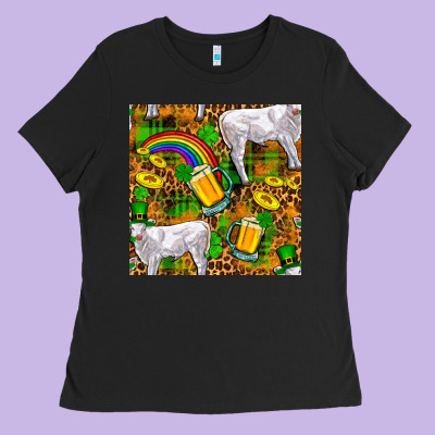 St. Patricks Cow With Rainbow And Beer Seamless Ladies Tee Designed By Fadigitalartstudio