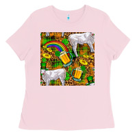 Bubblegum Pink St. Patricks Cow With Rainbow And Beer Seamless Ladies Tee - FaDigitalArtStudio
