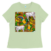 Matcha St. Patricks Cow With Rainbow And Beer Seamless Ladies Tee - FaDigitalArtStudio
