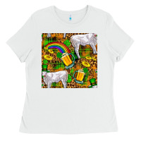 White St. Patricks Cow With Rainbow And Beer Seamless Ladies Tee - FaDigitalArtStudio