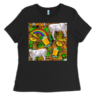 Black St. Patricks Cow With Rainbow And Beer Seamless Ladies Tee - FaDigitalArtStudio