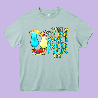 Sweet Summer Time Turquoise Yellow Heavy Core Tee Designed By Cowcowdesign