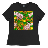 Black St patricks  day pig with candy and pot of gold  seamless pattern Ladies Tee - FaDigitalArtStudio