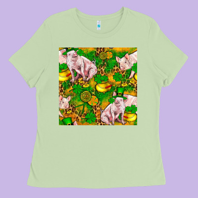 St Patricks  Day Pig With Candy And Pot Of Gold  Seamless Pattern Ladies Tee Designed By Fadigitalartstudio