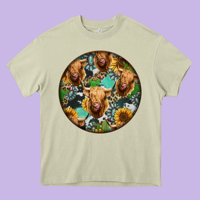Highland Cow Pattern Heavy Core Tee Designed By Jasminsmagicworld