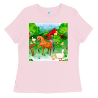 Bubblegum Pink farm life seamless pattern Ladies Tee - FaDigitalArtStudio