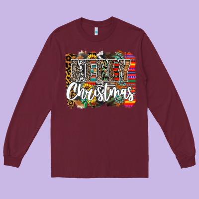 Western Merry Christmas Long Sleeve Tee Designed By Cowhidedigitalart