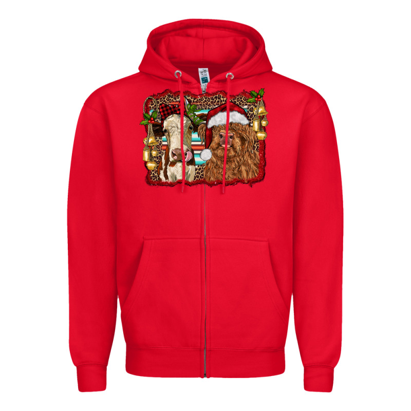 Christmas Heifer And Highland Cow With Serape Background Zipper Hoodie by RanaPortraitStore | Teevron