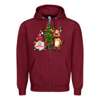Burgundy merry christmas gnomes, reindeer Zipper Hoodie - RanaPortraitStore