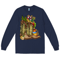Navy Christmas Boots Long Sleeve Tee - CowhideDigitalArt