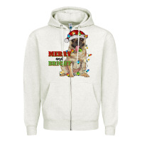 Oatmeal Heather merry and bright pug Zipper Hoodie - RanaPortraitStore
