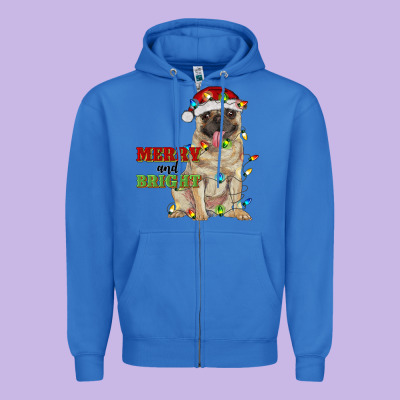 Merry And Bright Pug Zipper Hoodie Designed By Ranaportraitstore