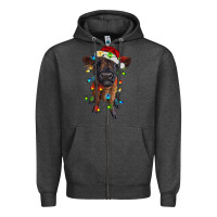 Charcoal Heather highland cow calf with christmas lights Zipper Hoodie - RanaPortraitStore