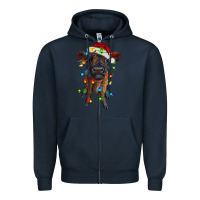 Navy highland cow calf with christmas lights Zipper Hoodie - RanaPortraitStore
