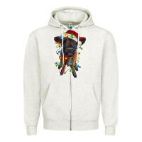 Oatmeal Heather highland cow calf with christmas lights Zipper Hoodie - RanaPortraitStore