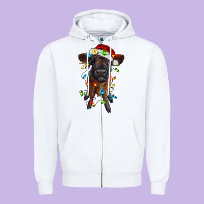 Highland Cow Calf With Christmas Lights Zipper Hoodie Designed By Ranaportraitstore