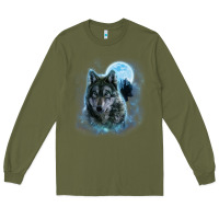 Army Green t shirt, grey wolf hunting ground, icy moon, forest, galaxy Long Sleeve Tee - linhVisuals