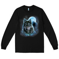 Black t shirt, grey wolf hunting ground, icy moon, forest, galaxy Long Sleeve Tee - linhVisuals