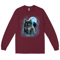 Burgundy t shirt, grey wolf hunting ground, icy moon, forest, galaxy Long Sleeve Tee - linhVisuals
