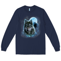 Navy t shirt, grey wolf hunting ground, icy moon, forest, galaxy Long Sleeve Tee - linhVisuals