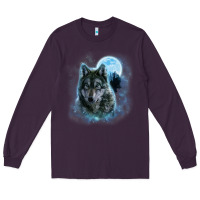 Plum t shirt, grey wolf hunting ground, icy moon, forest, galaxy Long Sleeve Tee - linhVisuals