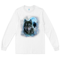 White t shirt, grey wolf hunting ground, icy moon, forest, galaxy Long Sleeve Tee - linhVisuals