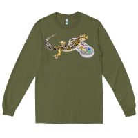 Army Green leopard gecko playing video game lizard & reptiles gamers t shirt Long Sleeve Tee - linhVisuals