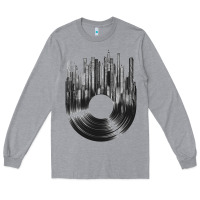 Heather Grey vinyl record cityscape Long Sleeve Tee - linhVisuals
