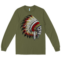 Army Green native american indian chief skull motorcycle headdress  t shirt Long Sleeve Tee - linhVisuals
