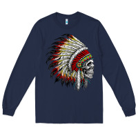 Navy native american indian chief skull motorcycle headdress  t shirt Long Sleeve Tee - linhVisuals