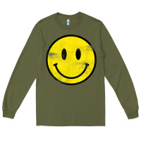Army Green vintage retro happy smiley face 80's 90's aesthetic t shirt Long Sleeve Tee - linhVisuals