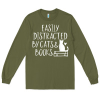 Army Green easily distracted by cats and books   cute book lover t shirt Long Sleeve Tee - linhVisuals
