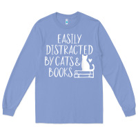 Colony Blue easily distracted by cats and books   cute book lover t shirt Long Sleeve Tee - linhVisuals