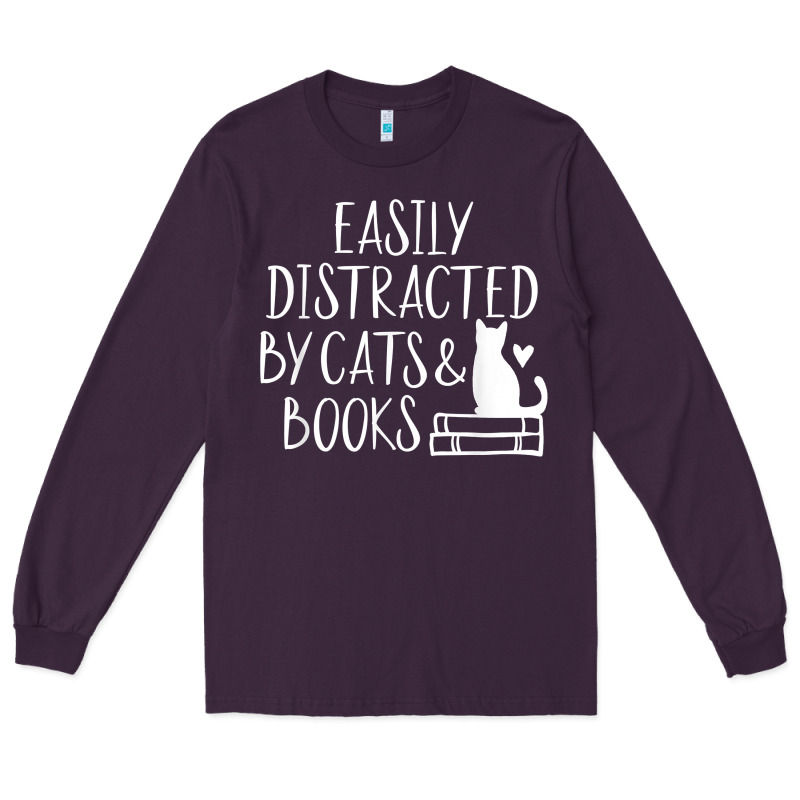 Easily Distracted By Cats And Books   Cute Book Lover T Shirt Long Sleeve Tee by linhVisuals | Teevron