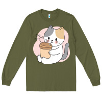 Army Green Cat Drinking Coffee Kitten Kawaii Japanese Kitty Long Sleeve Tee - linhVisuals
