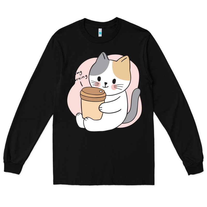 Cat Drinking Coffee Kitten Kawaii Japanese Kitty Long Sleeve Tee by linhVisuals | Teevron