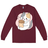 Burgundy Cat Drinking Coffee Kitten Kawaii Japanese Kitty Long Sleeve Tee - linhVisuals