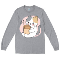 Heather Grey Cat Drinking Coffee Kitten Kawaii Japanese Kitty Long Sleeve Tee - linhVisuals