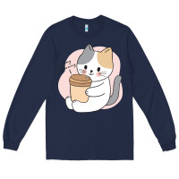 Navy Cat Drinking Coffee Kitten Kawaii Japanese Kitty Long Sleeve Tee - linhVisuals