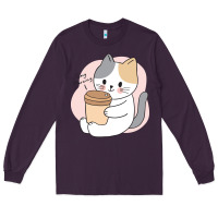 Plum Cat Drinking Coffee Kitten Kawaii Japanese Kitty Long Sleeve Tee - linhVisuals