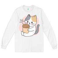 White Cat Drinking Coffee Kitten Kawaii Japanese Kitty Long Sleeve Tee - linhVisuals